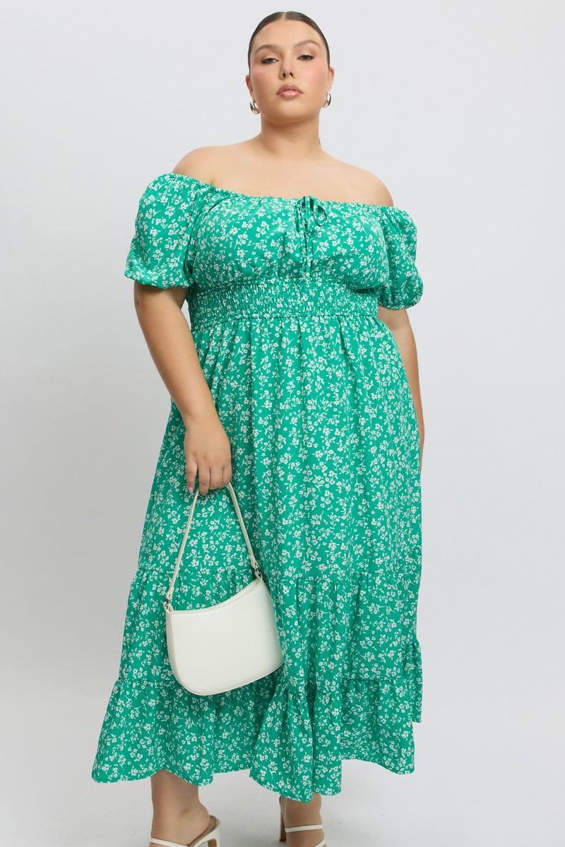 Green Ditsy Midi Dress Short Sleeve Ruched Bust | You & All Green Ditsy Midi Dress Short Sleeve Ruched Bust | You & All