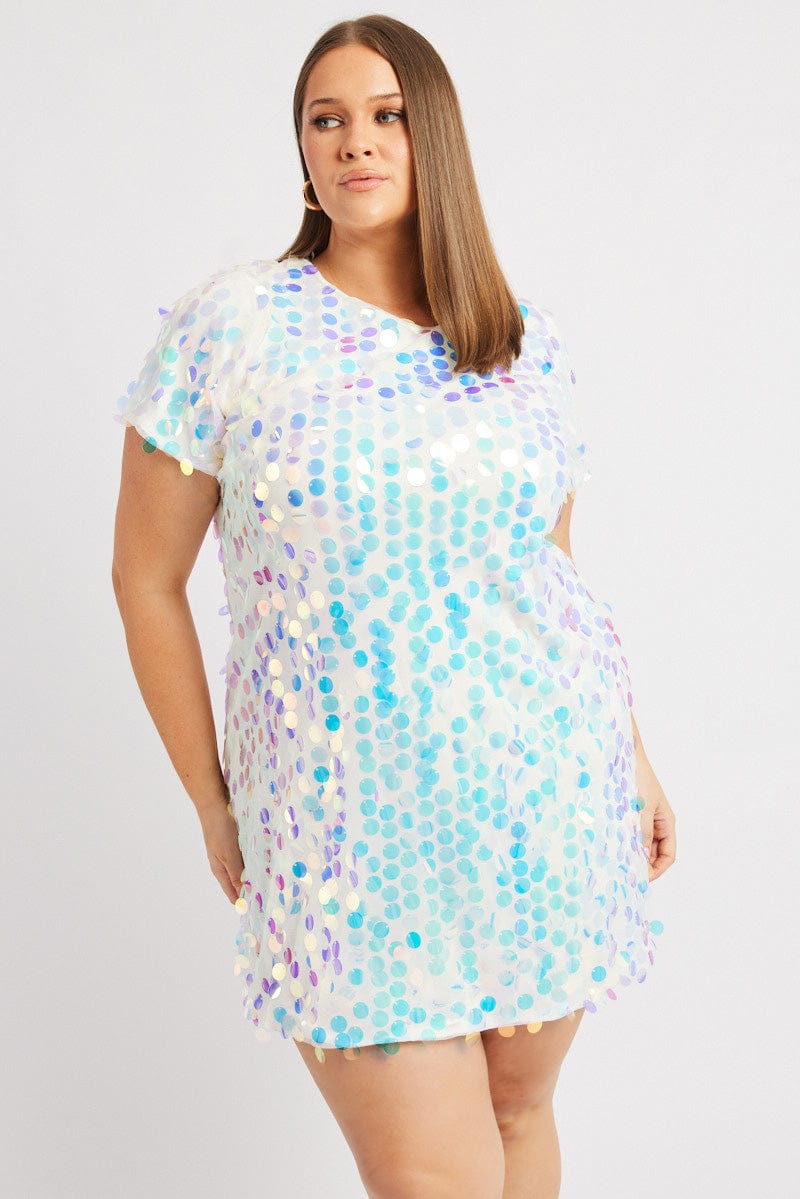 White Sequin Mini T-Shirt Dress You All