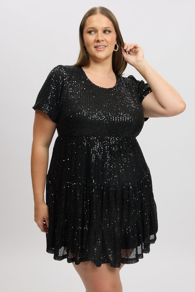 sequin swing dress Black Sequin Tiered Swing Dress
