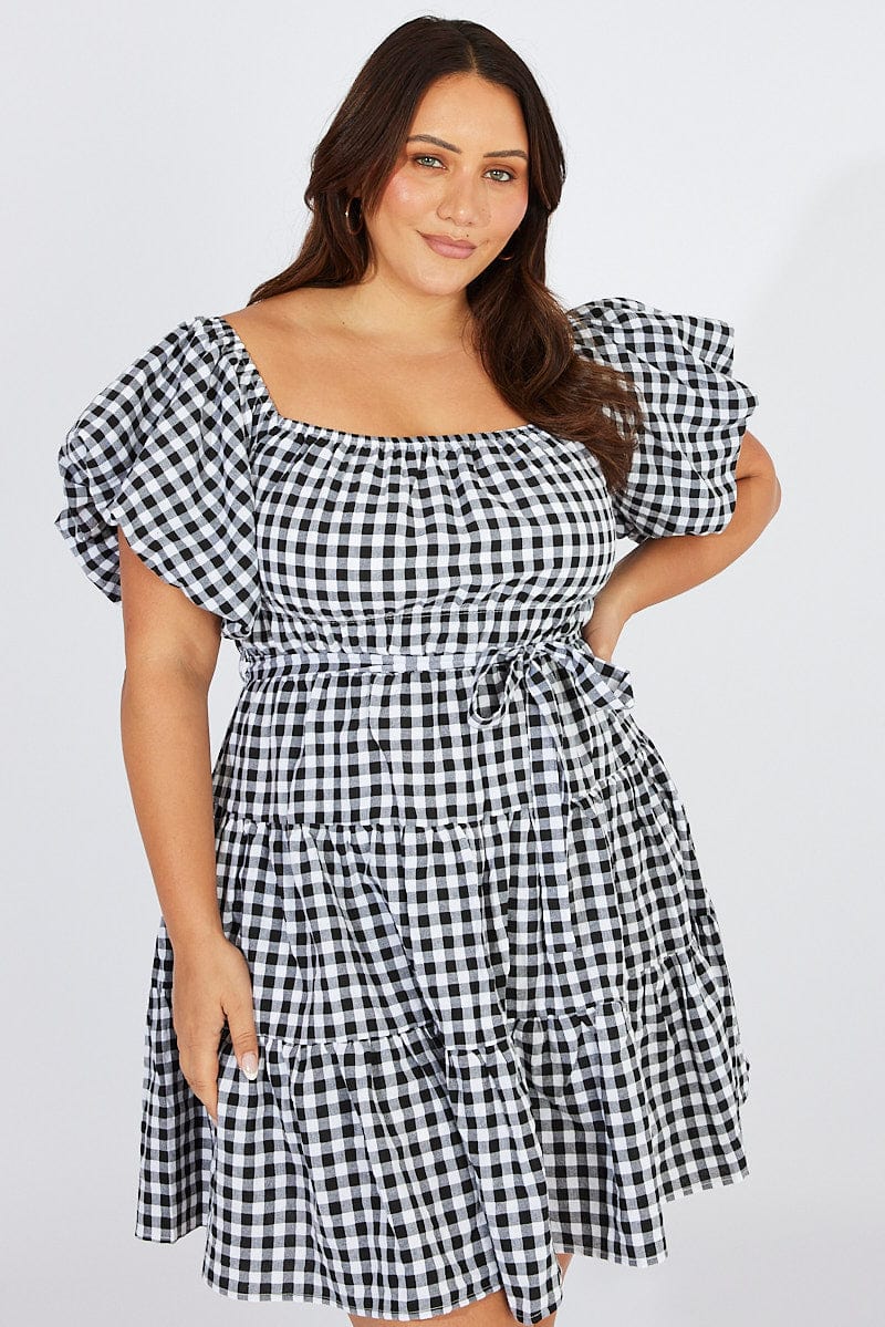 Black Check Off Shoulder Gingham Skater Dress for YouandAll Fashion