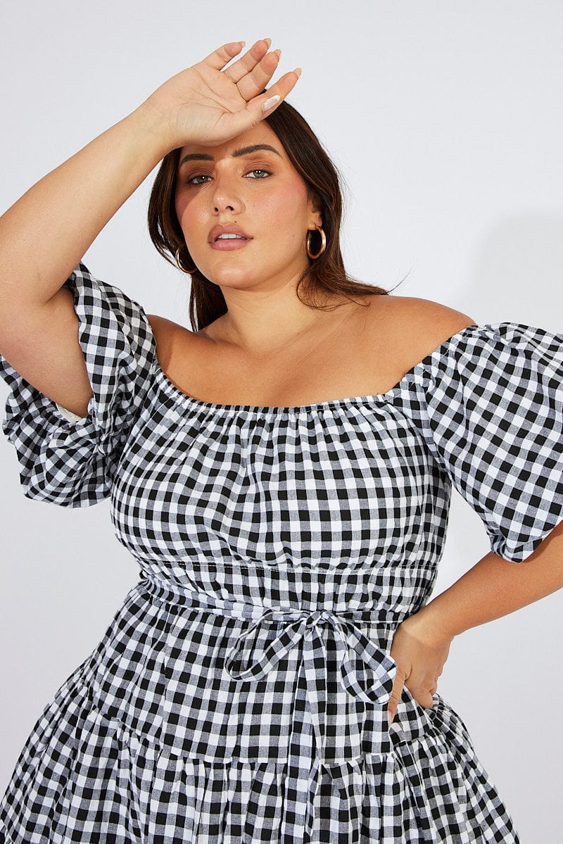 Black Check Off Shoulder Gingham Skater Dress for YouandAll Fashion