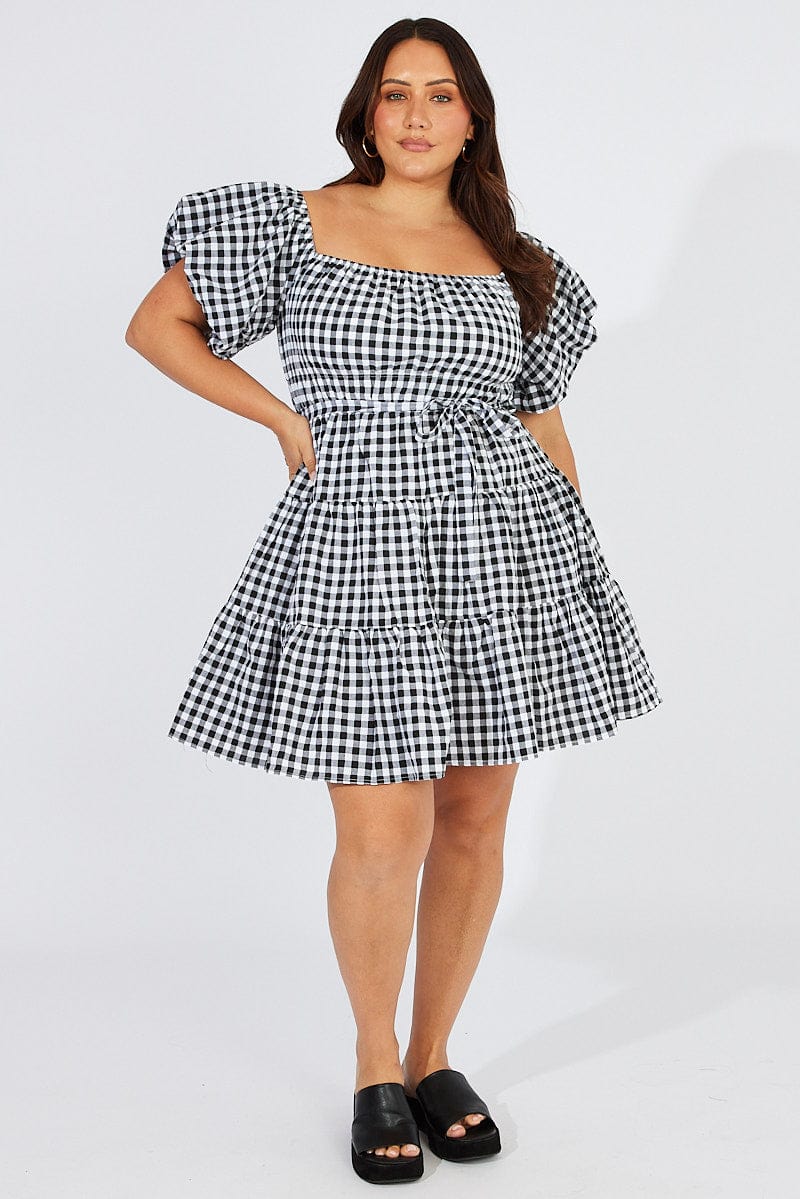 Black Check Off Shoulder Gingham Skater Dress for YouandAll Fashion