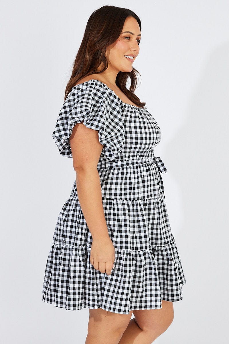 Black Check Off Shoulder Gingham Skater Dress for YouandAll Fashion