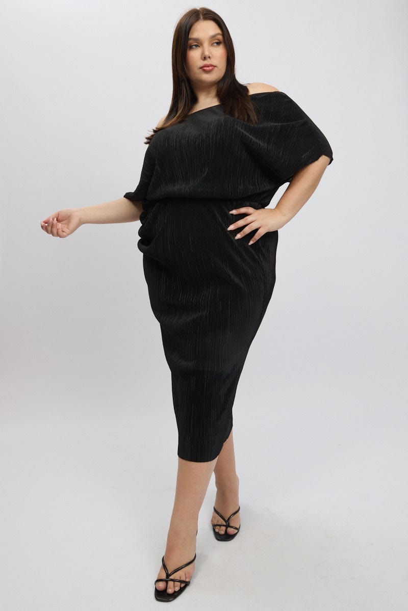 Black Asymmetric Plisse Midi Dress | You & All Black Asymmetric Plisse Midi Dress | You & All