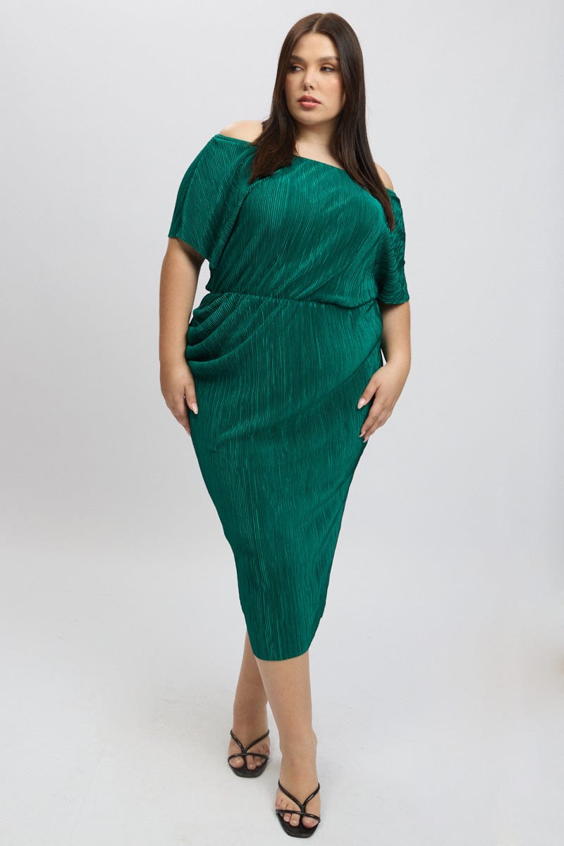 Green Asymmetric Plisse Midi Dress | You & All Green Asymmetric Plisse Midi Dress | You & All