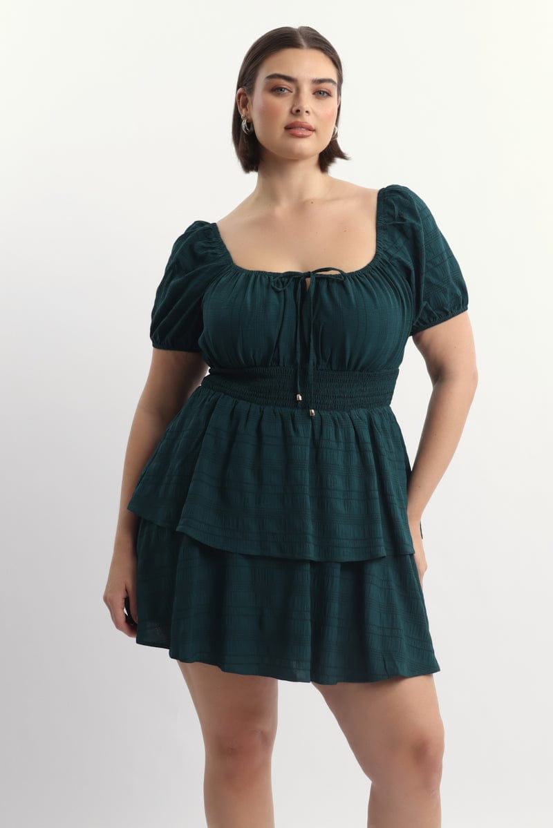 Green Textured Shirred Waist Mini Dress for YouandAll Fashion