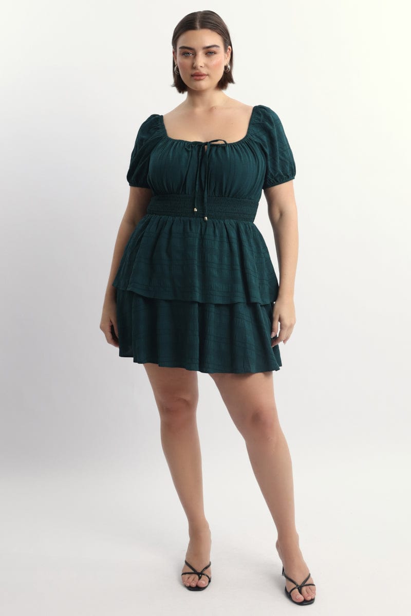 Green Textured Shirred Waist Mini Dress for YouandAll Fashion