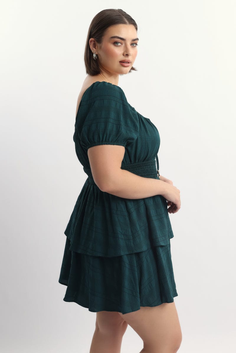 Green Textured Shirred Waist Mini Dress for YouandAll Fashion