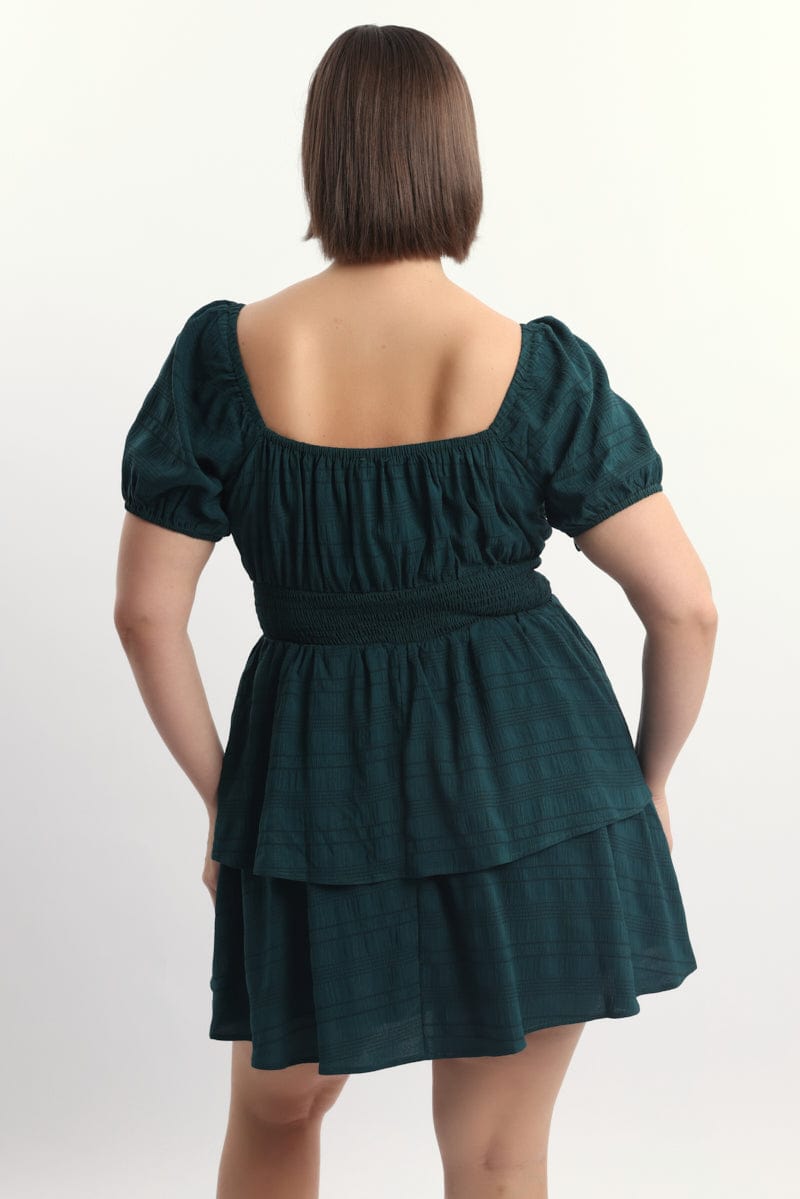 Green Textured Shirred Waist Mini Dress for YouandAll Fashion