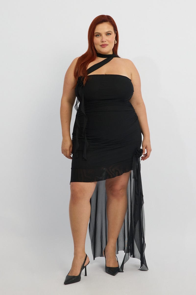 Black Scarf Neck Frill Mini Dress | You & All Black Scarf Neck Frill Mini Dress | You & All