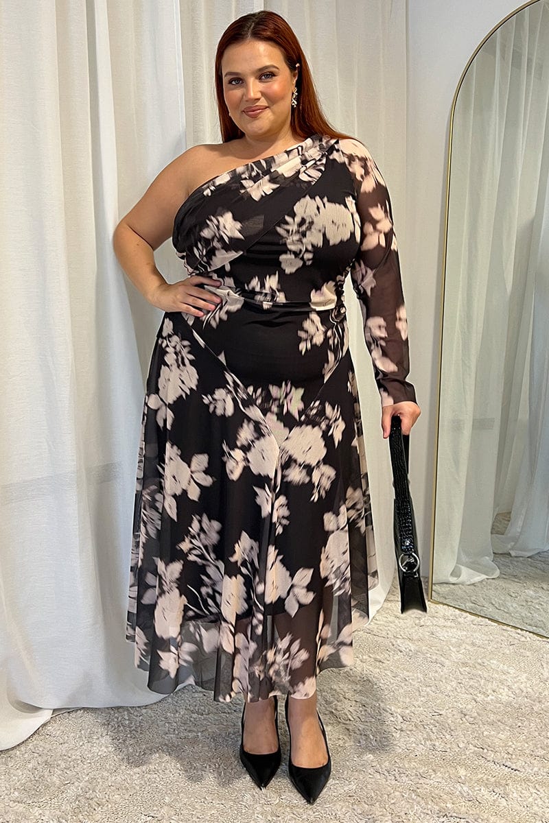 Black Floral Midi Dress One Shoulder Mesh You All
