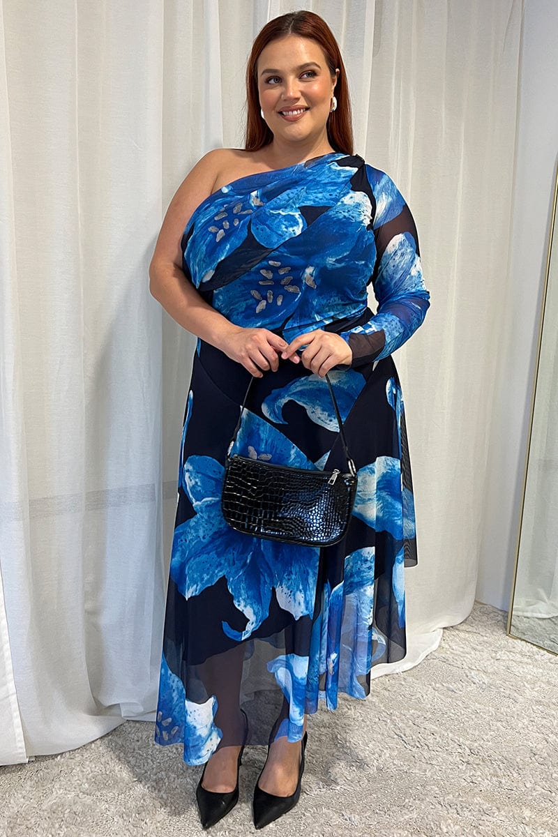 Blue Floral Midi Dress One Shoulder Mesh You All
