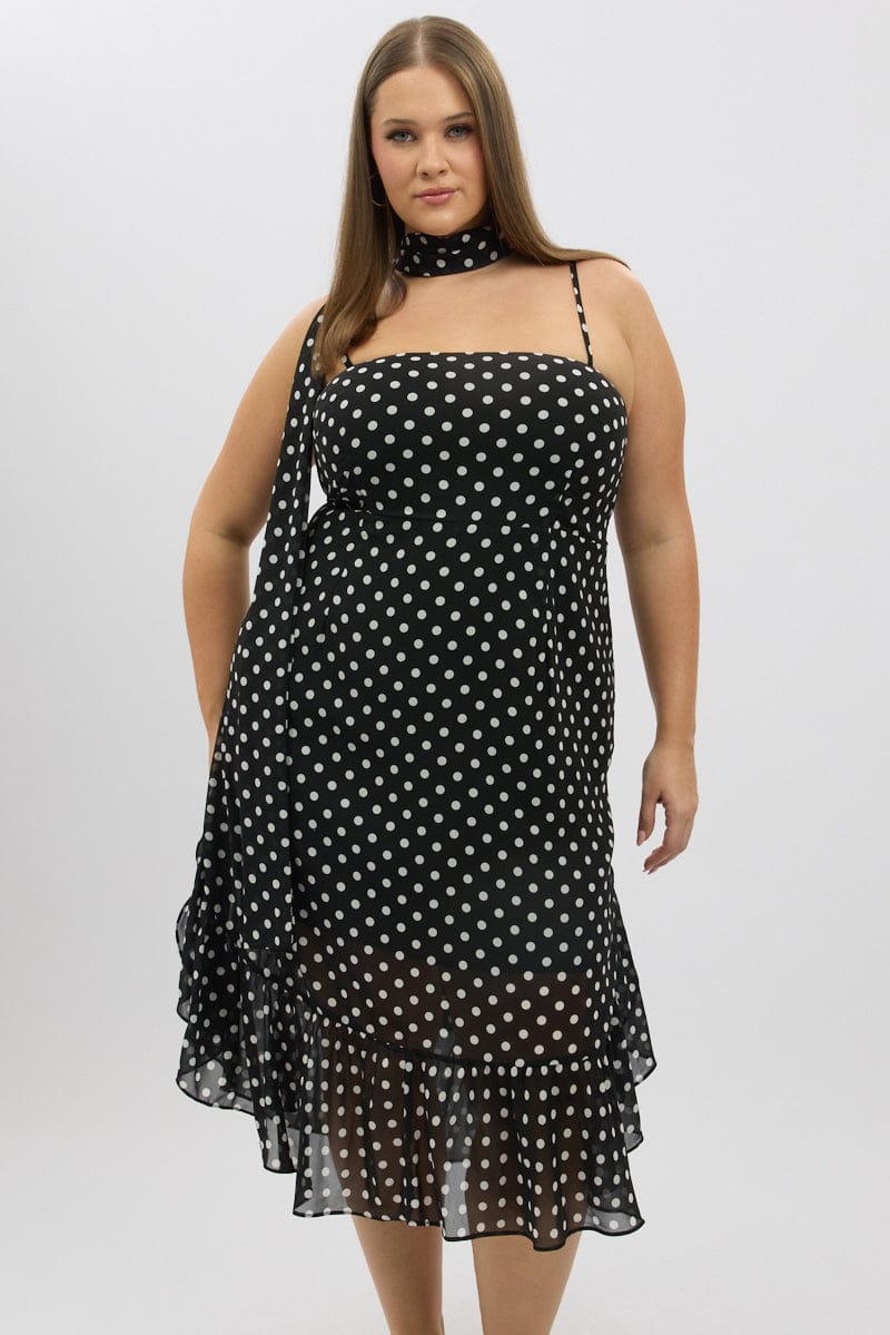 Black Polka Dot Midi Dress Sleeveless Ruffle with Scarf | You & All Black Polka Dot Midi Dress Sleeveless Ruffle with Scarf | You & All
