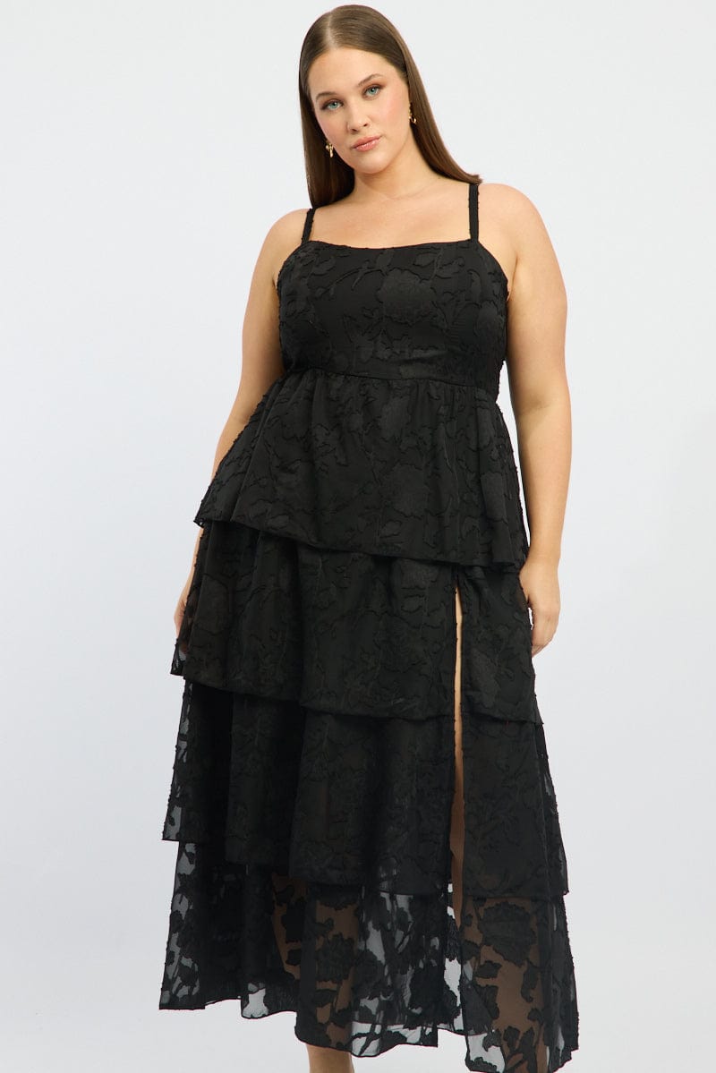 Black Midi Dress Sleeveless Tiered Jacquard for YouandAll Fashion