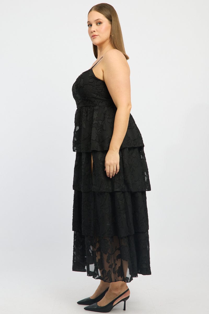 Black Midi Dress Sleeveless Tiered Jacquard for YouandAll Fashion