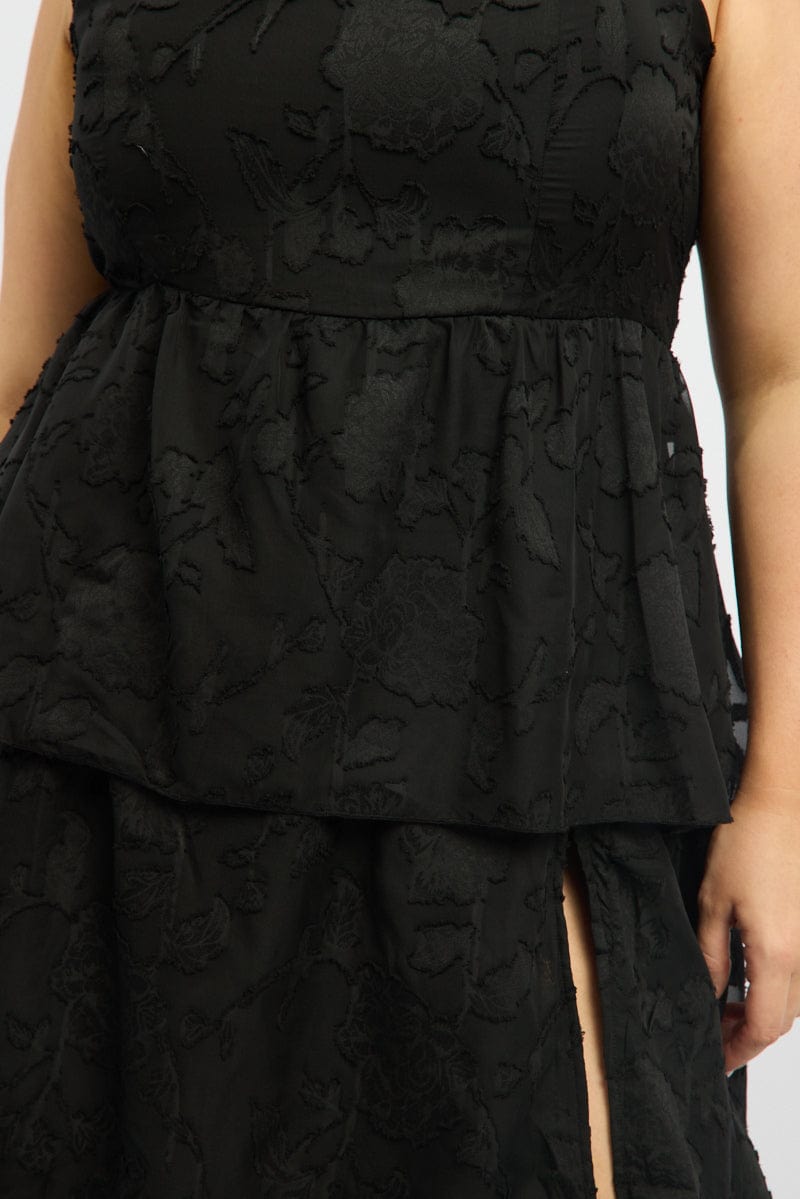 Black Midi Dress Sleeveless Tiered Jacquard for YouandAll Fashion