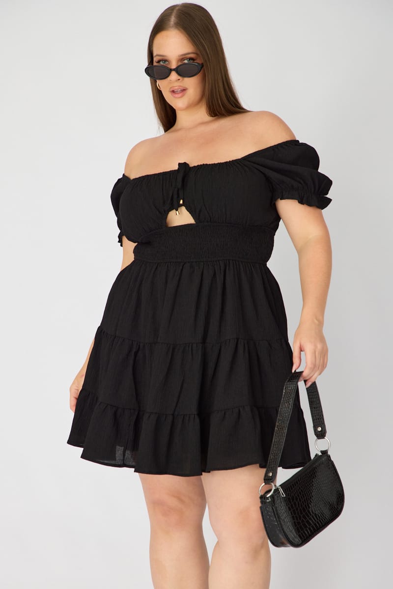 Black Skater Dress Short Sleeve Ruched Bust Cut Out Black Skater Dress Short Sleeve Ruched Bust Cut Out