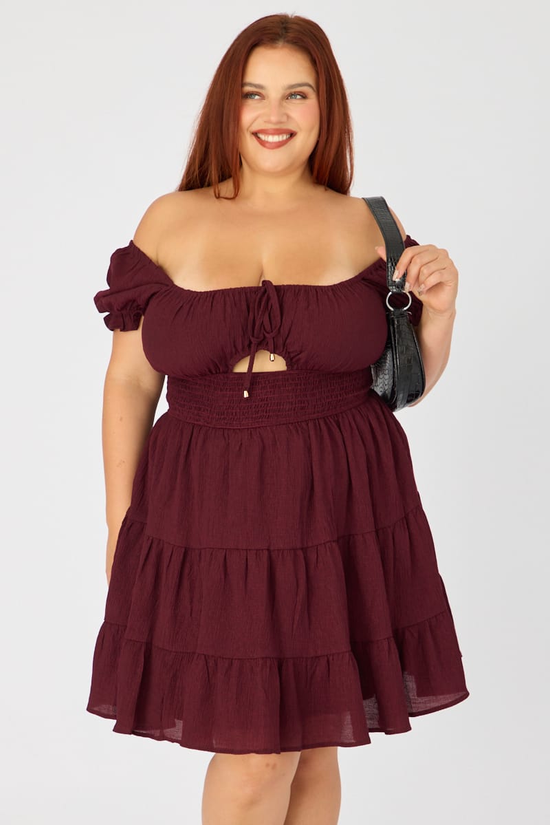Red Skater Dress Short Sleeve Ruched Bust Cut Out