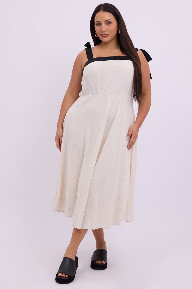 Beige Midi Dress Sleeveless Contrast Shoulder Tie | You & All Beige Midi Dress Sleeveless Contrast Shoulder Tie | You & All