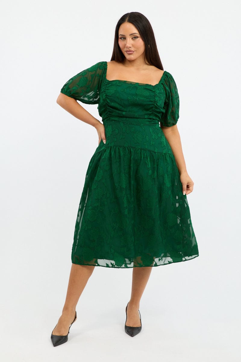 Green Midi Dress Short Sleeve Jacquard | You & All Green Midi Dress Short Sleeve Jacquard | You & All