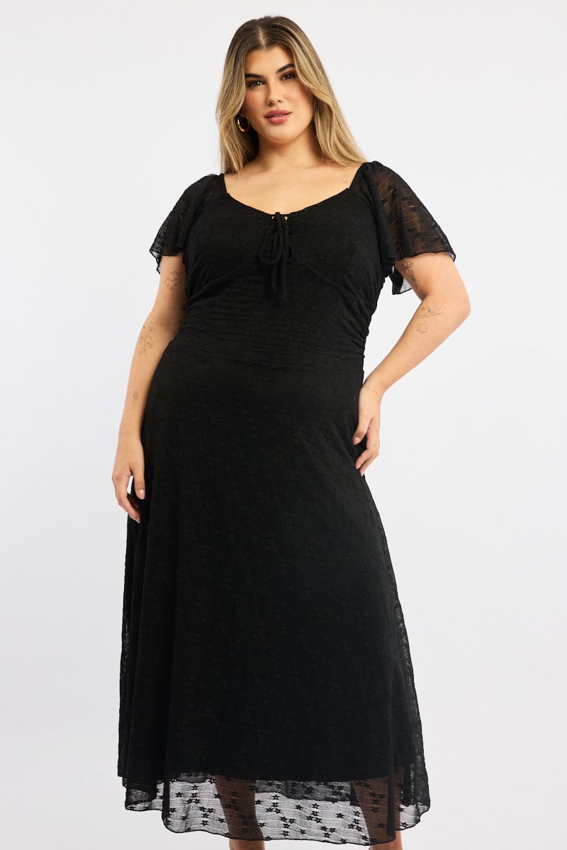 Black Midi Dress Short Sleeve Ruched Lace | You & All Black Midi Dress Short Sleeve Ruched Lace | You & All