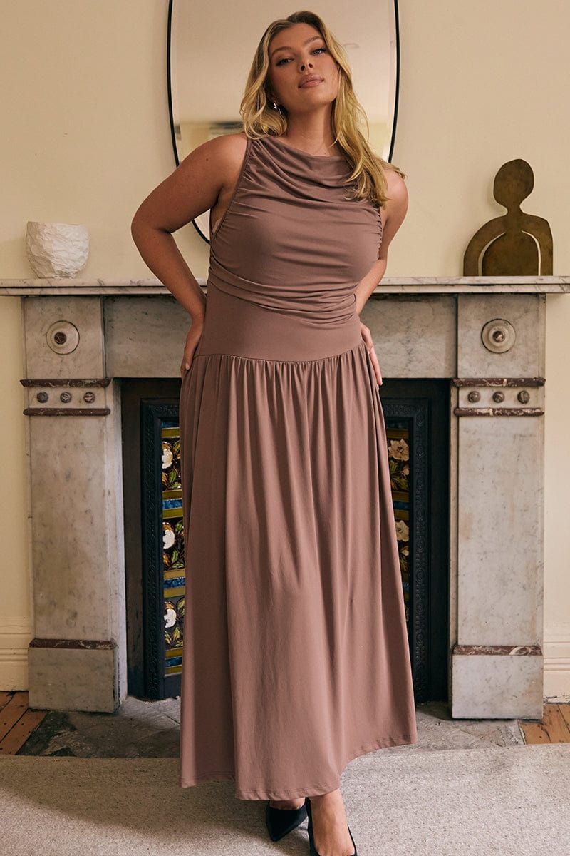 plus size brown maxi dress Brown Maxi Dress Sleeveless Ruched Jersey