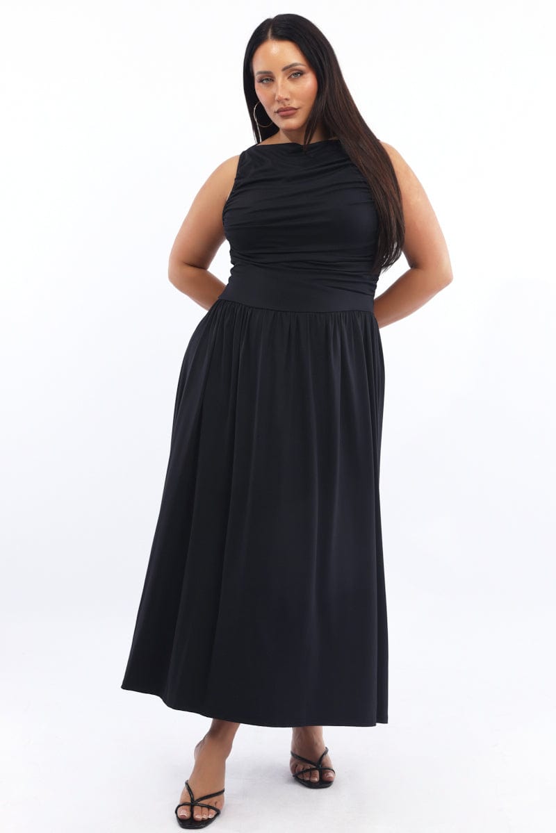 Black Maxi Dress Sleeveless Ruched Jersey | You & All Black Maxi Dress Sleeveless Ruched Jersey | You & All