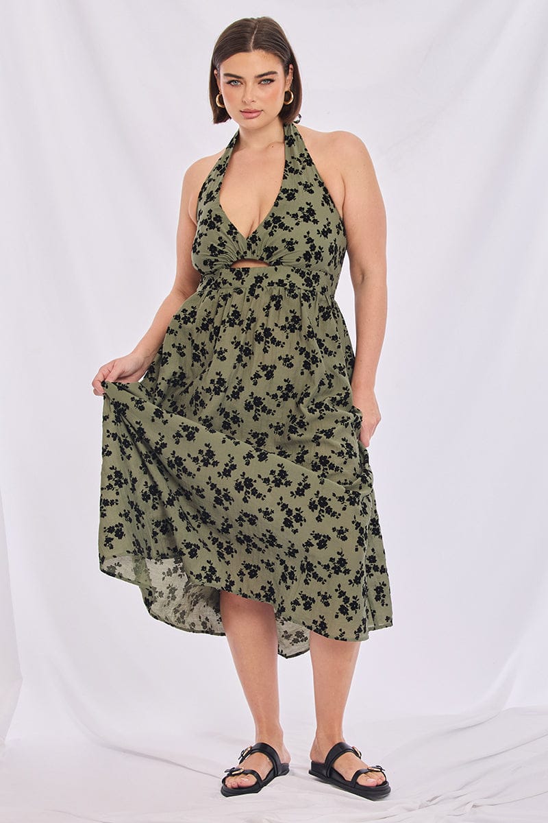 Green Ditsy Midi Dress Halter Neck Sleeveless | You & All Green Ditsy Midi Dress Halter Neck Sleeveless | You & All