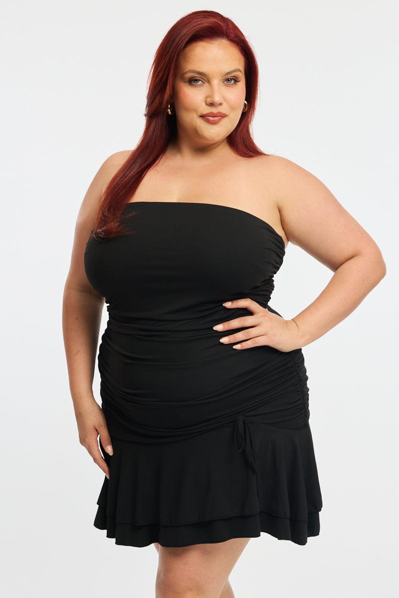 Black Mini Ruffle Dress Strapless Ruched Jersey | You & All Black Mini Ruffle Dress Strapless Ruched Jersey | You & All