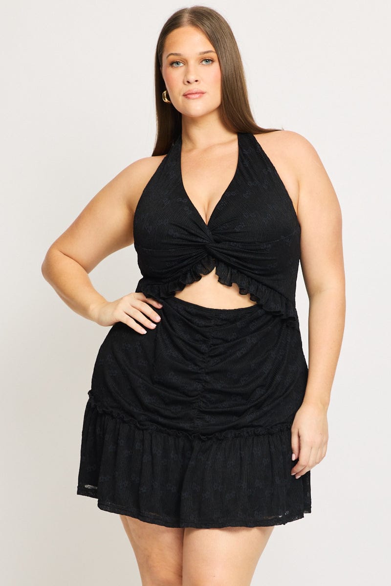 Black Mini Lace Dress Halter Neck Cut Out | You & All Black Mini Lace Dress Halter Neck Cut Out | You & All