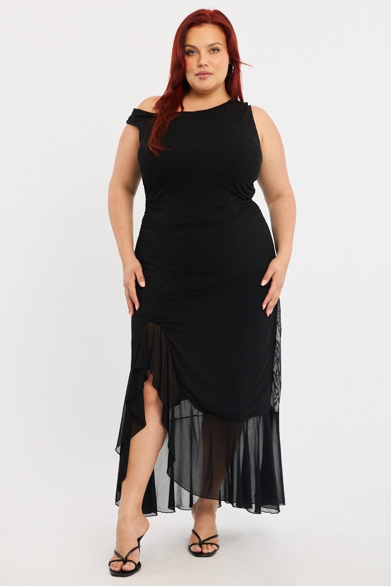 Black Midi Dress Asymmetric Shoulder Mesh Ruffle You All
