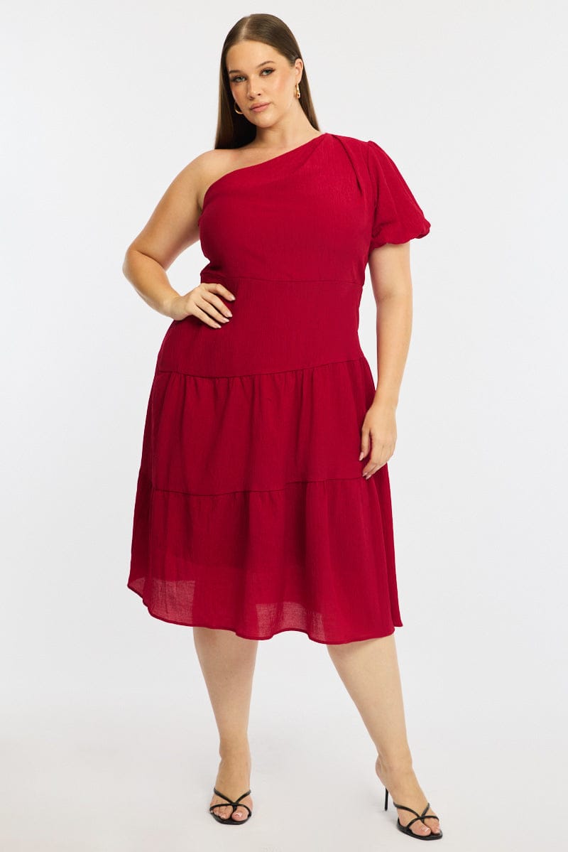 Red Midi Dress One Shoulder