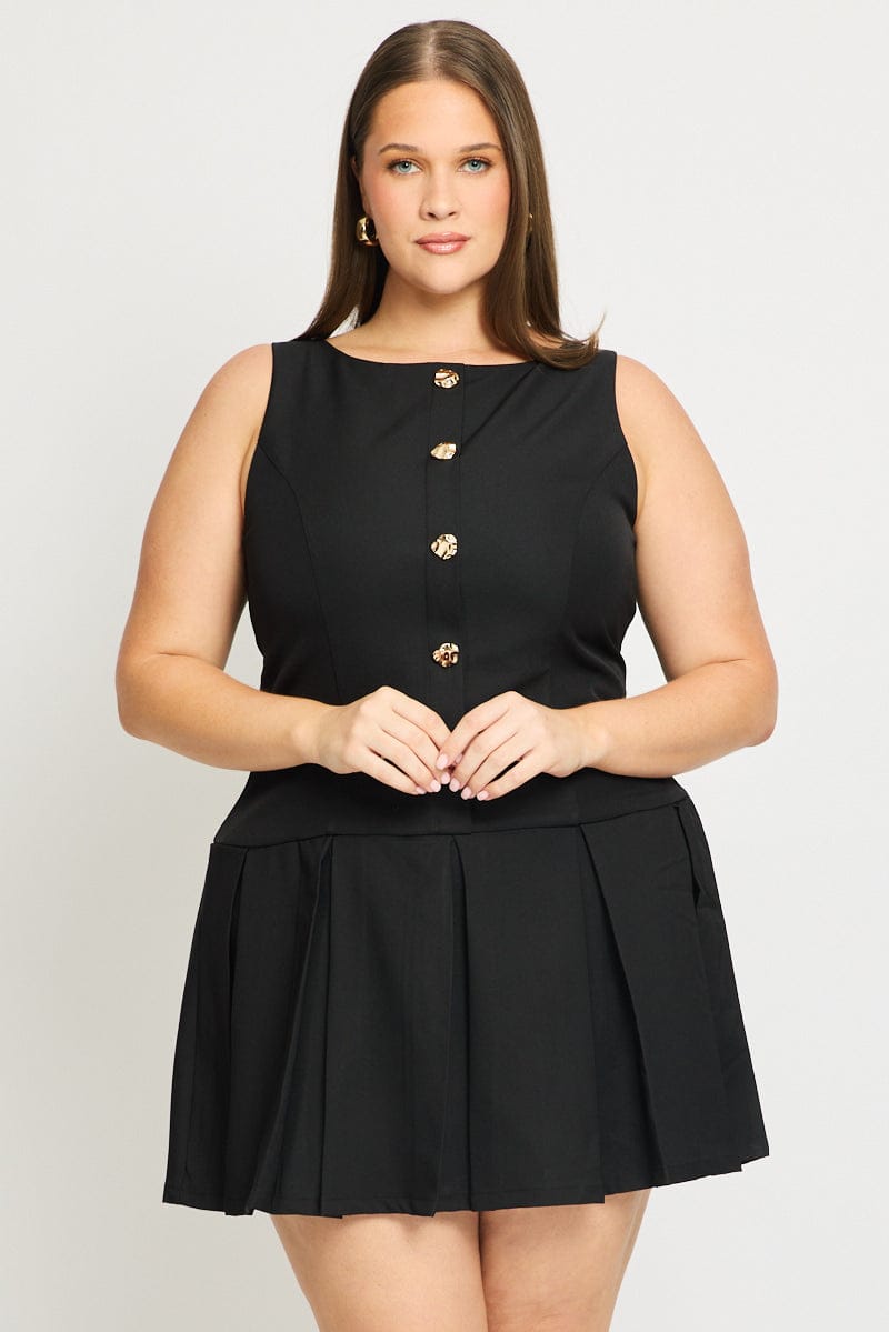 Black Low Waist Dress Sleeveless Golden Button