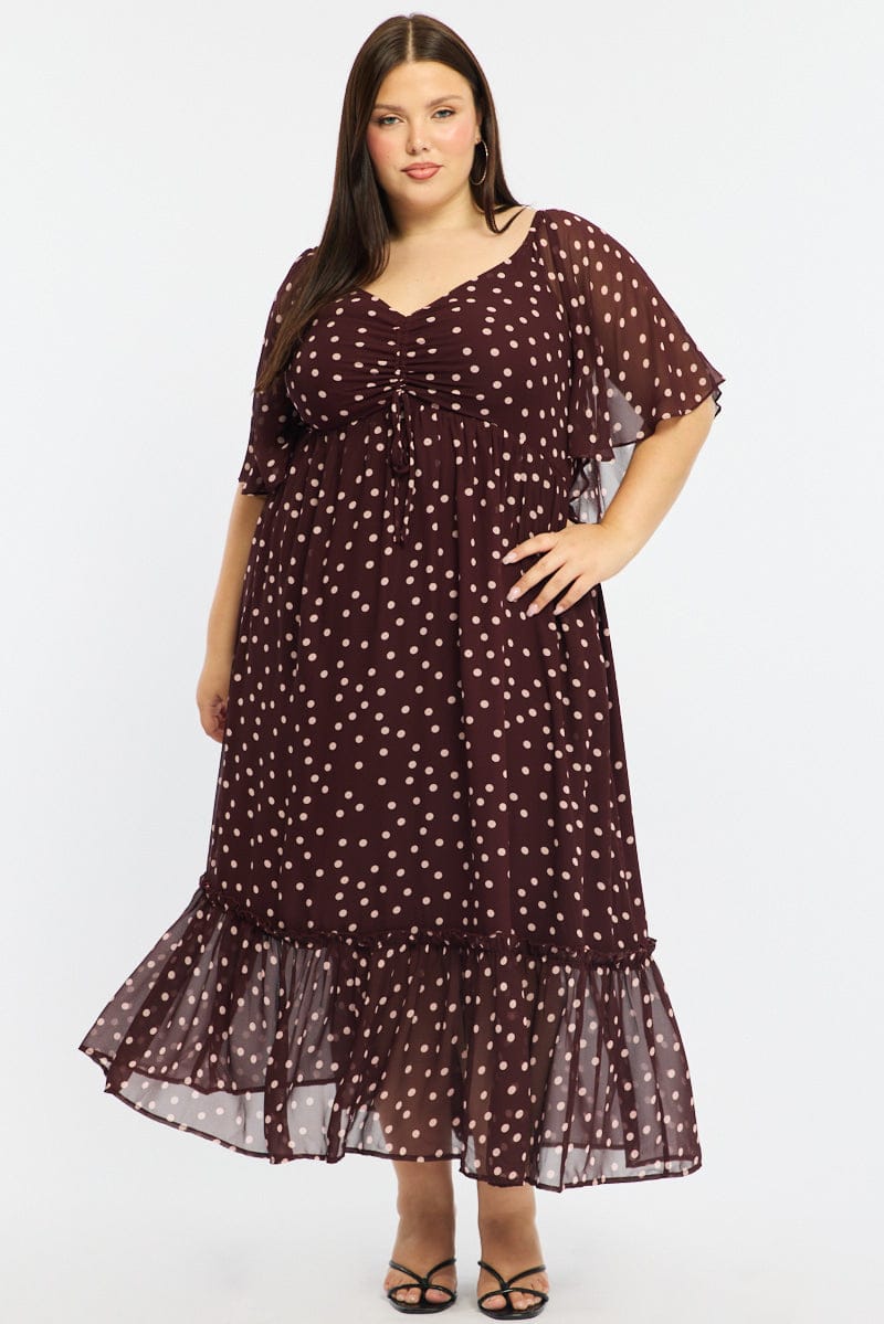 Red Polka Dot Maxi Dress Short Sleeve Ruched Bust | You & All