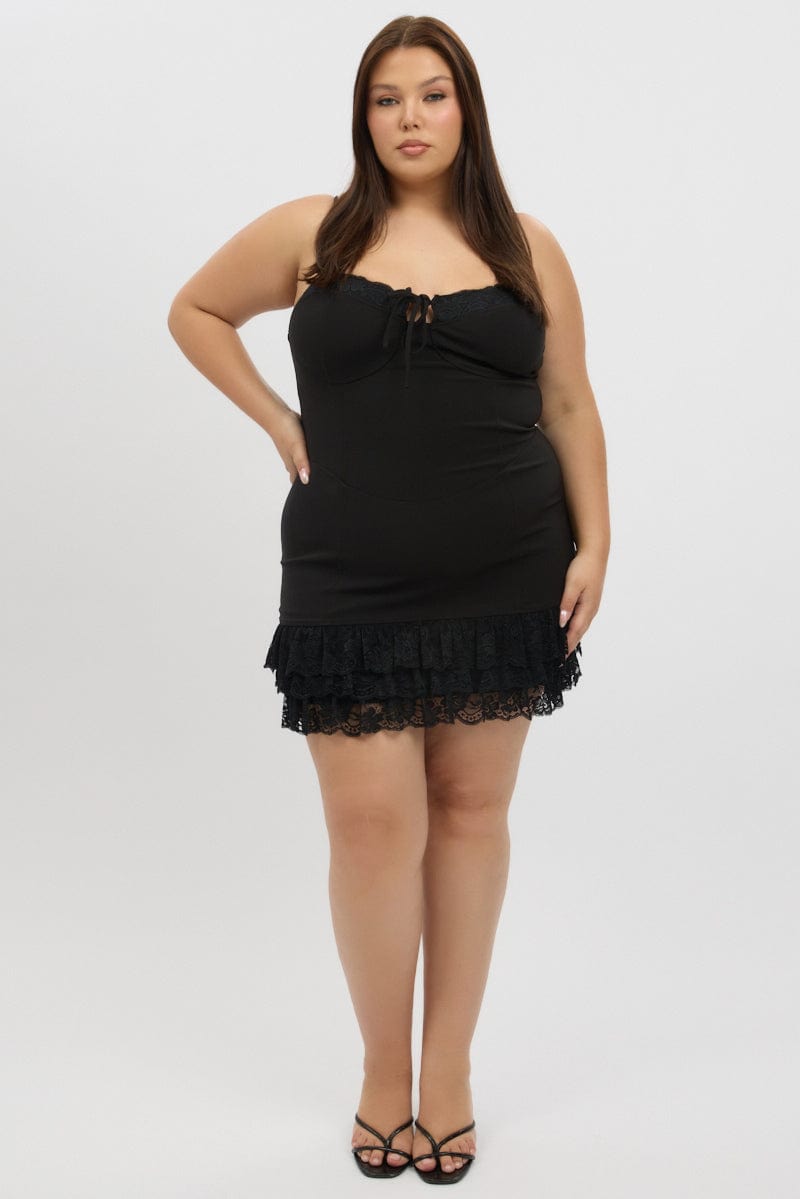 Black Lace Hem Frill Shoestring Strap Fitted Minidress for YouandAll Fashion