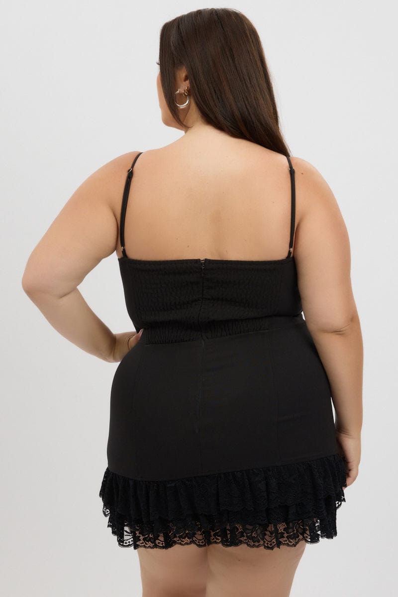 Black Lace Hem Frill Shoestring Strap Fitted Minidress for YouandAll Fashion