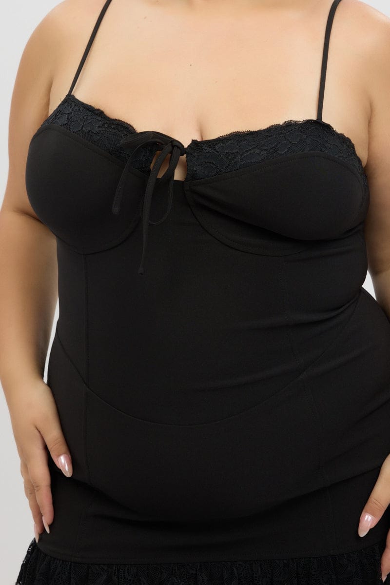 Black Lace Hem Frill Shoestring Strap Fitted Minidress for YouandAll Fashion