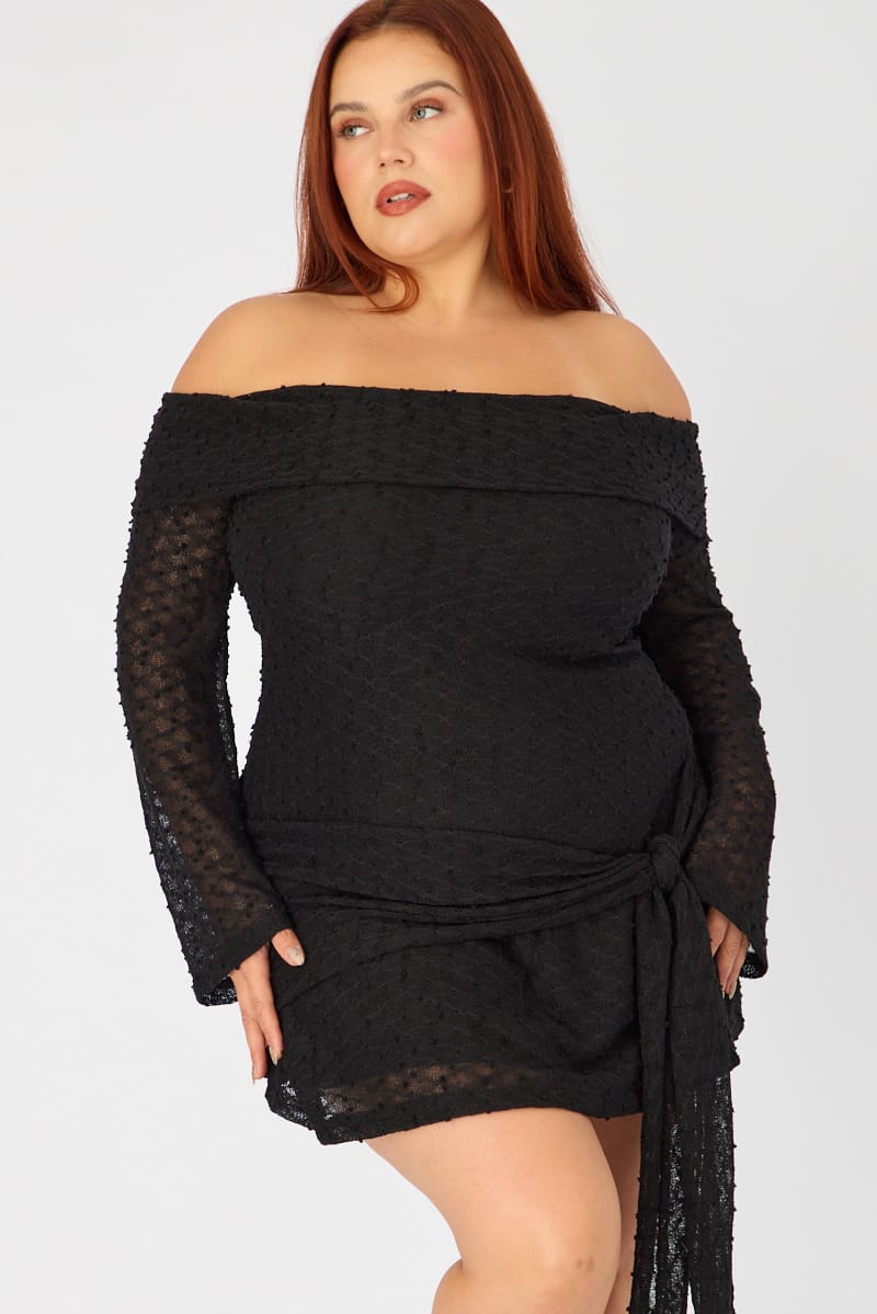 Black Skater Dress Long Sleeve Off Shoulder Tie Front | You & All Black Skater Dress Long Sleeve Off Shoulder Tie Front | You & All