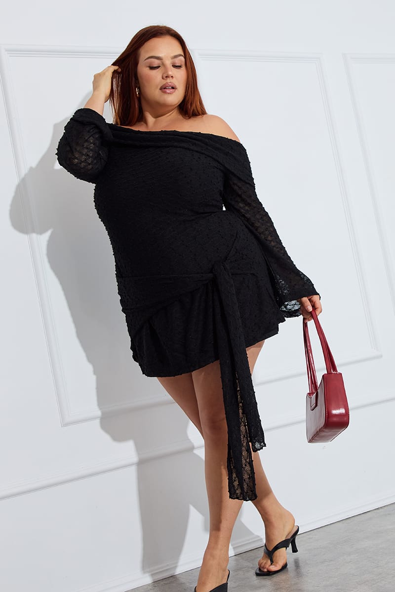 Black Skater Dress Long Sleeve Off Shoulder Tie Front