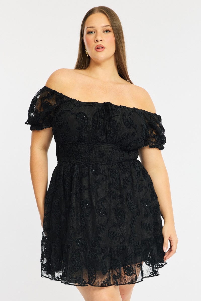 boutique off shoulder lace skater dress Bohemian Chic Lace Off-The-Shoulder Skater Dress