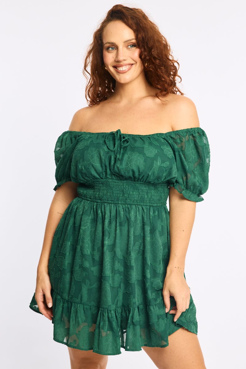 Green Skater Dress Short Sleeve Jacquard | You & All Green Skater Dress Short Sleeve Jacquard | You & All