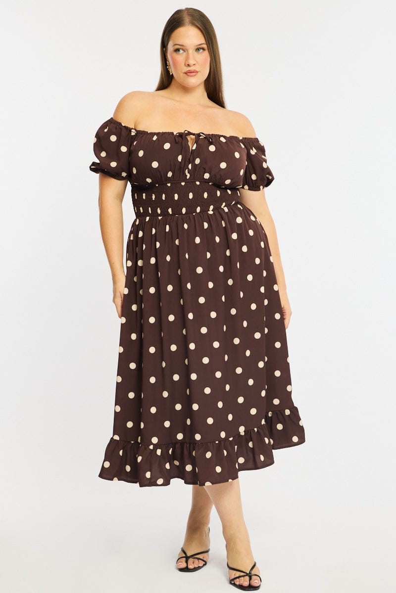 maxi dresses short sleeve Brown Polka Dot Maxi Dress Short Sleeve Polka Dot