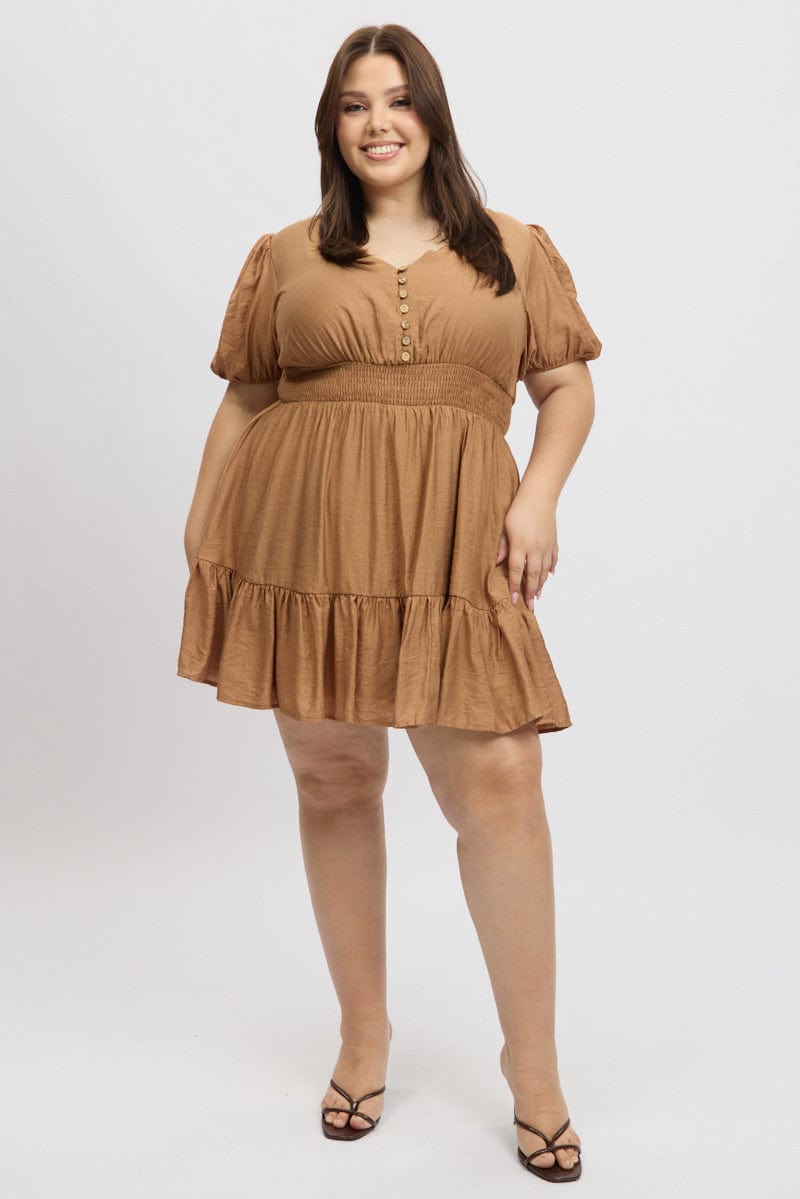 Brown Shirred Waist Button Mini Dress | You & All Brown Shirred Waist Button Mini Dress | You & All