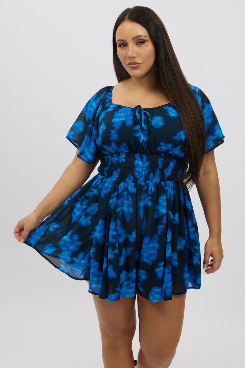 Blue Abstract Ruffle Playsuit Short Sleeve Chiffon for YouandAll Fashion