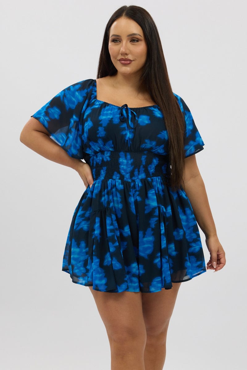 Blue Abstract Ruffle Playsuit Short Sleeve Chiffon for YouandAll Fashion