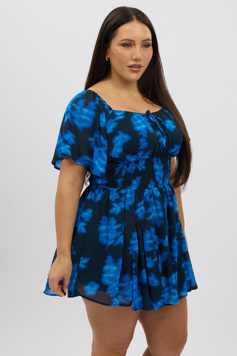 Blue Abstract Ruffle Playsuit Short Sleeve Chiffon for YouandAll Fashion