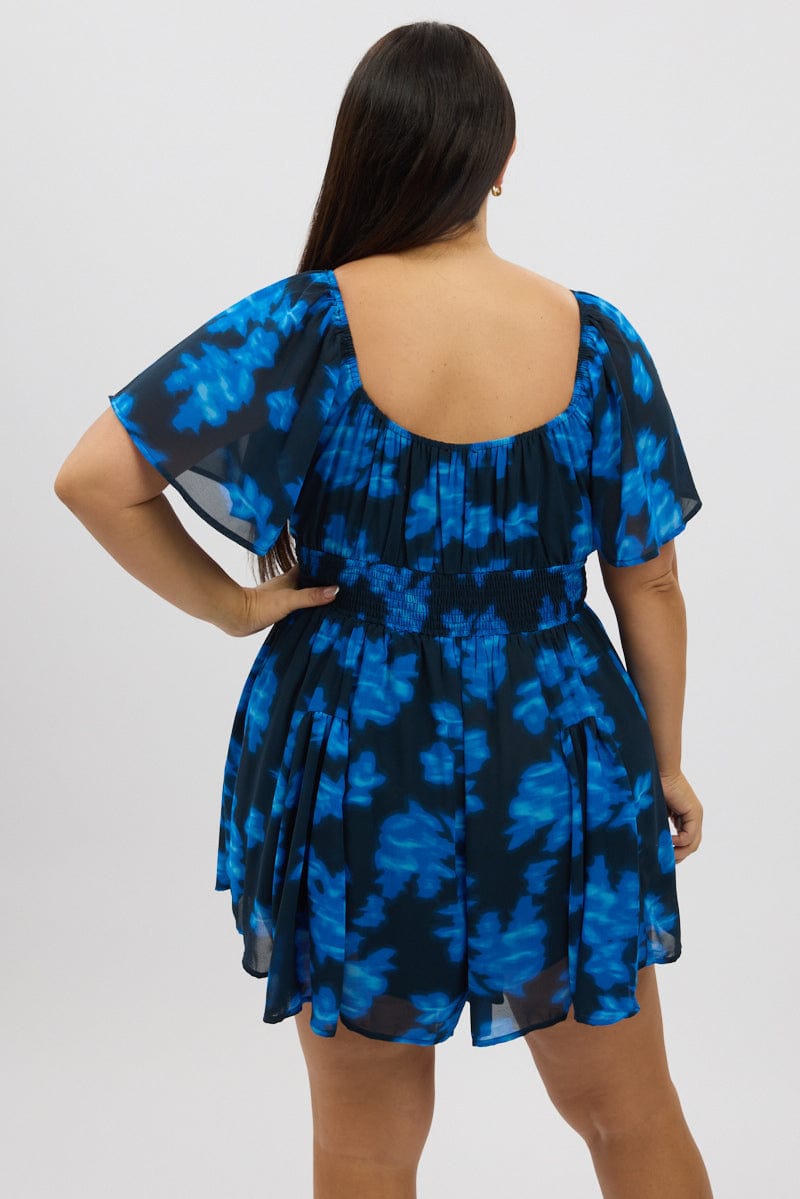 Blue Abstract Ruffle Playsuit Short Sleeve Chiffon for YouandAll Fashion