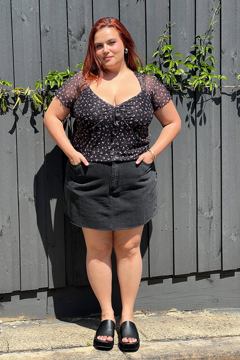 Black Floral Floral Mesh Top Short Sleeve V Neck You All