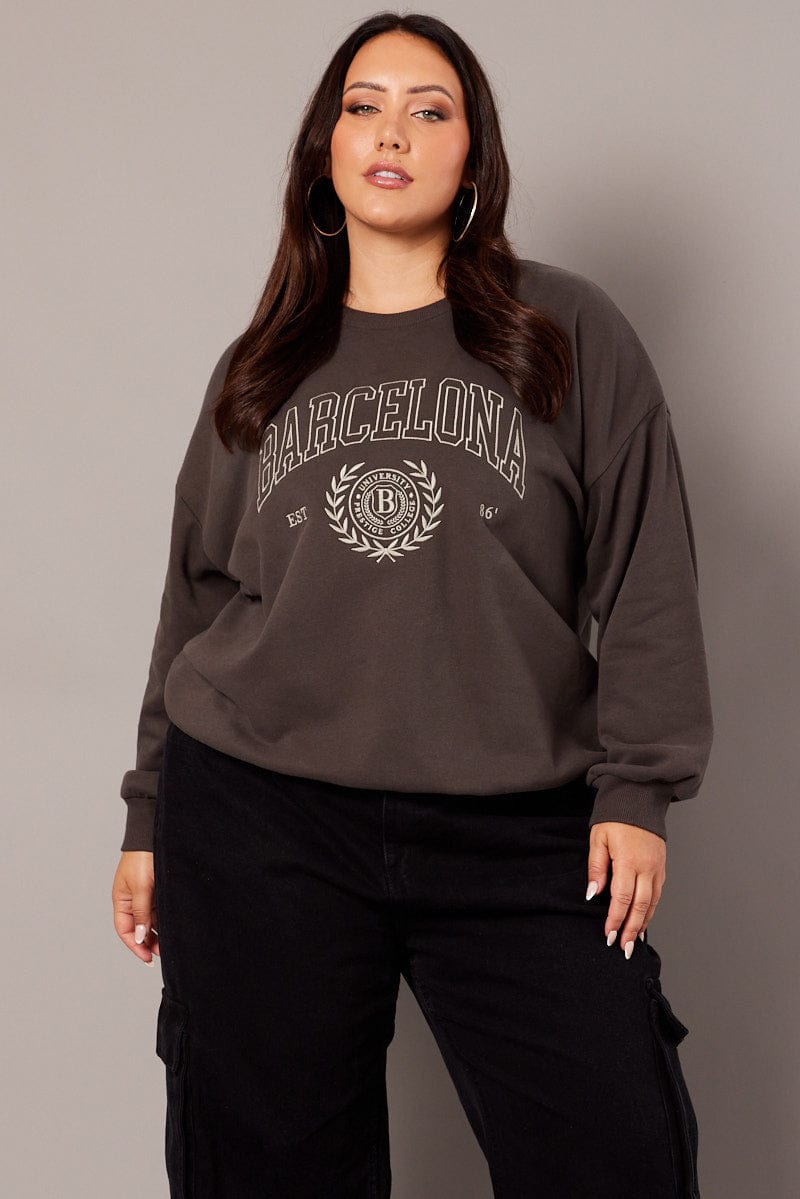 Grey Oversized Sweater Long Sleeve Crew Neck You All