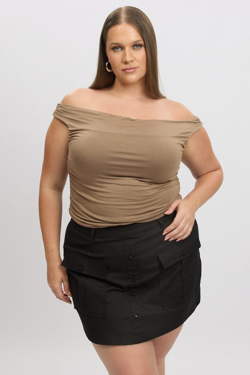 Brown Tank Top Cowl Neck Side Ruched for YouandAll Fashion